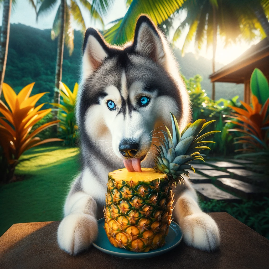 dog eating pineapple