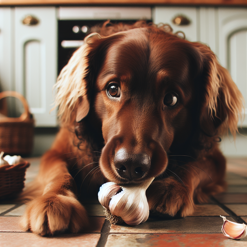 Dog eating garlic