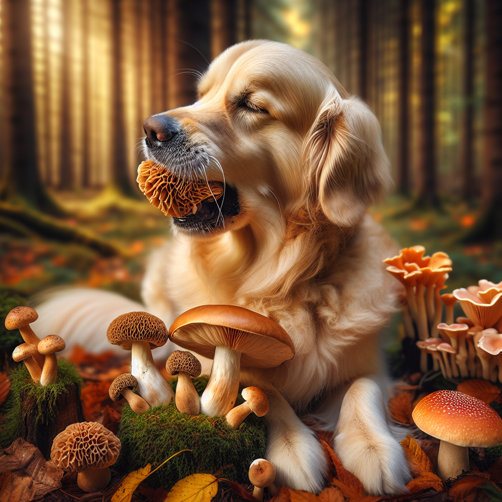 Dog eating mushrooms